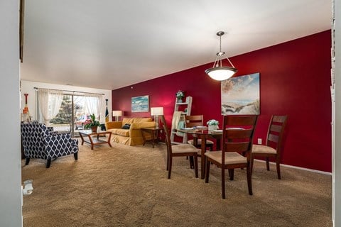 Dining and Living Room in Model at Prentiss Pointe Apartments, Michigan